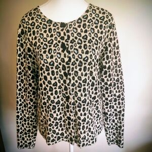 Donna Leopard Print Velvet Burnout Net Sweater Size Large Cream& Black Button Up